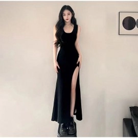 Slim Black Sleeveless Dress Women Elegant Side Slit Female Dresses 2023 Spring Summer Elegant High Street Lady Vestido