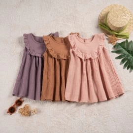 Girls Lovely Dress Summer Baby Kids Summer Ruffle Sleeve Linen Cotton Dresses Children Clothes