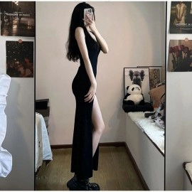 Slim Black Sleeveless Dress Women Elegant Side Slit Female Dresses 2023 Spring Summer Elegant High Street Lady Vestido